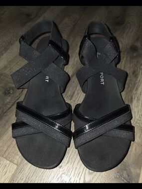 Anne Klein Black Strappy Comfort Wedge Sandals